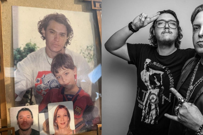 Duas imagens. Na esquerda, uma foto de família mostra um pai com seu filho. Na direita, em preto e branco, um homem faz sinal de hang loose para a câmera.