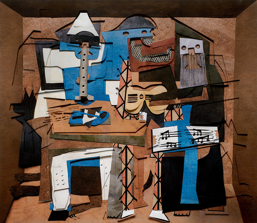 Vik Muniz_Superfícies Three Musicians, a partir de Pablo Picasso_2021_Cortesia do artista e Nara Roesler.jpeg Foto mostra obra do artista Vik Muniz. Com aspectos cubistas, formas representam três