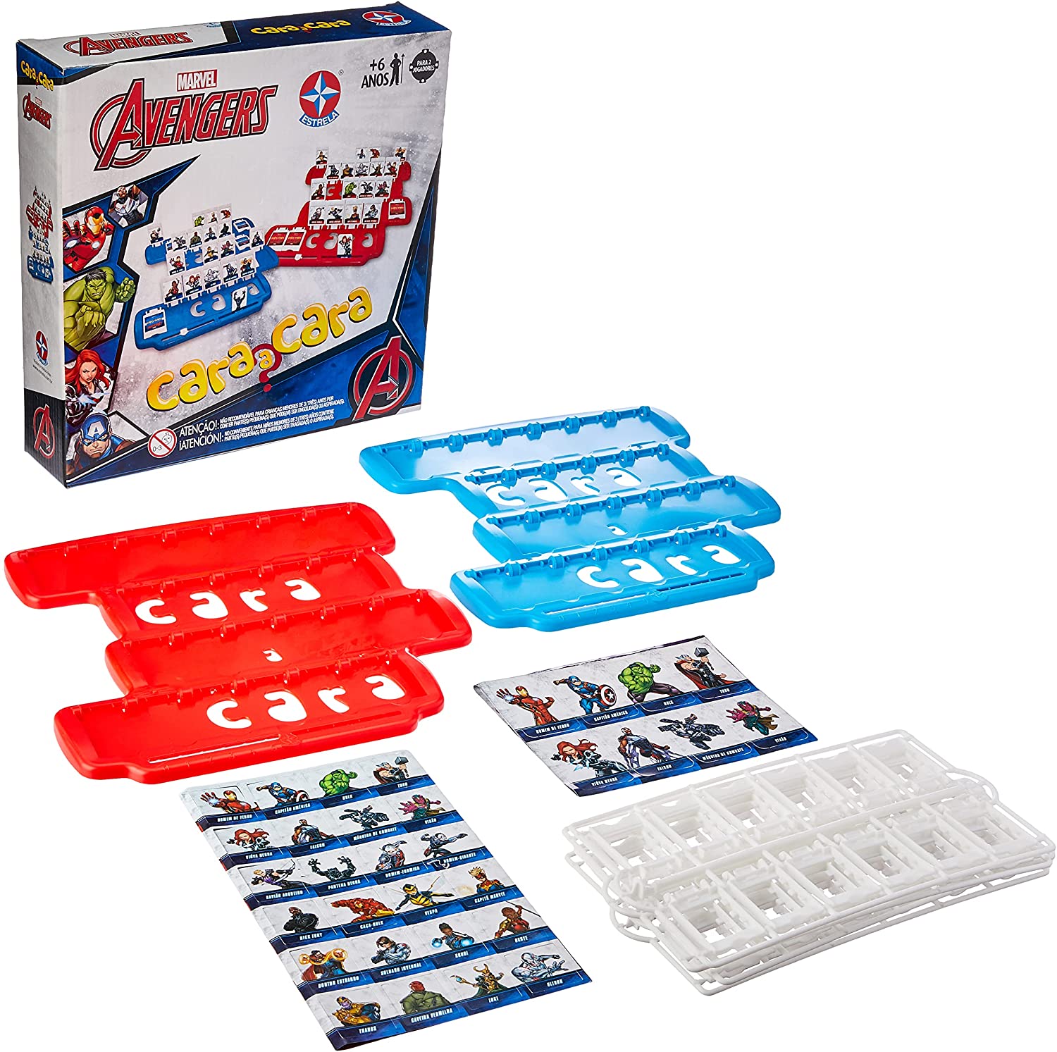 Um brinquedo de Cara a Cara com personagens de Os Vingadores. Tabuleiros vermelho e azul e figurinhas pequenas dos personagens