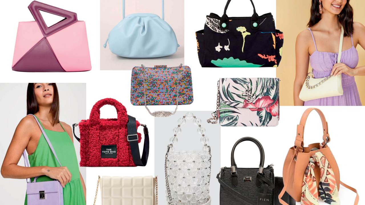 Uma montagem tem 12 bolsas de cores e tamanhos diversos espalhadas. Duas delas há uma mulher segurando a peça. Tem preta, rosa, azul, laranja, lilás, branca, bege e coloridas