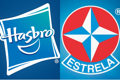 Dois logos, um do lado do outro. O na esquerda é azul e está escrito "Hasbro", com um sorriso embaixo do nome. O da direita mostra uma rosa dos ventos azul, branca e vermelha com o nome "Estrela" embaixo.