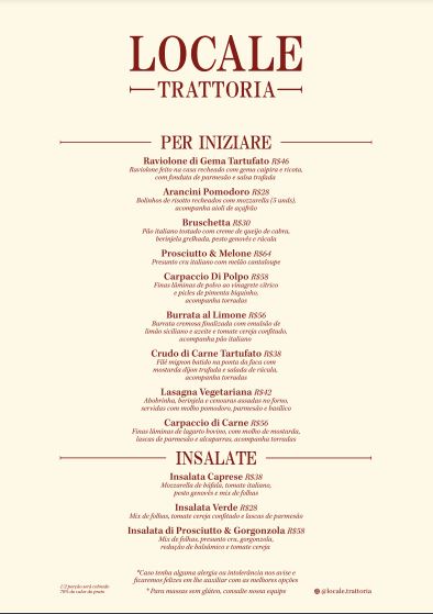 Locale Trattoria Cardápio Print do cardápio do Locale Trattoria.