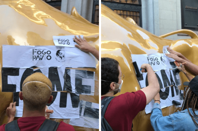 Grupos protestam contra fome em ato no novo touro dourado da B3