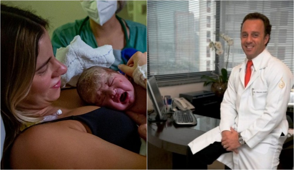 Duas fotos, uma ao lado da outra. Uma mostra Shantal segurando sua filha após o parto. Ela é uma mulher branca e loira e está deitada em uma maca. A outra mostra o médico Renato Kalil. Ele é um homem branco, de cabelos escuros e usa um jaleco branco.