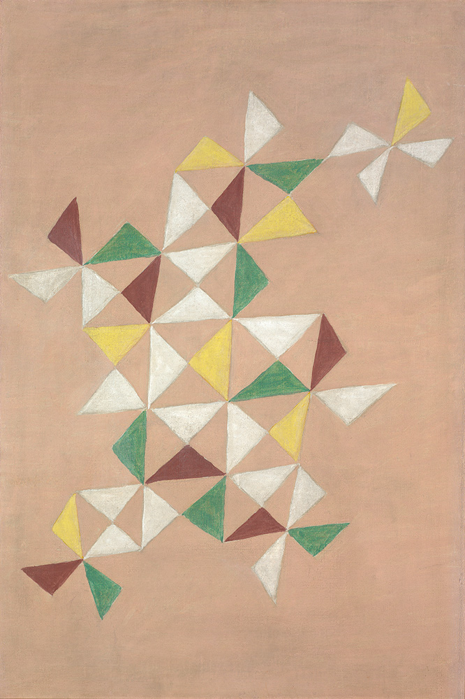 Crédito_Masp.jpg Imagem mostra pintura com traços geométricos em forma de cataventos brancos, verdes, amarelos e vermelhos sobre fundo marrom.