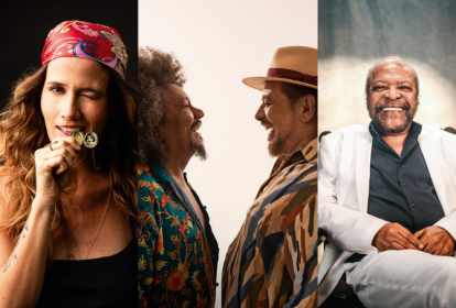 Montagem com três fotos: na esquerda, uma mulher com uma bandana vermelha mordendo um colar com a foto de um homem de bigode. No centro, dois homens de perfil se olhando. Na direita, um homem grisalho de terno branco sorrindo e sentado em uma cadeira.