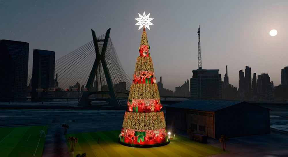 PONTE ESTAIADA.png Projeção mostra uma árvore de Natal gigante toda iluminada, de noite, e a Ponte Estaiada ao fundo