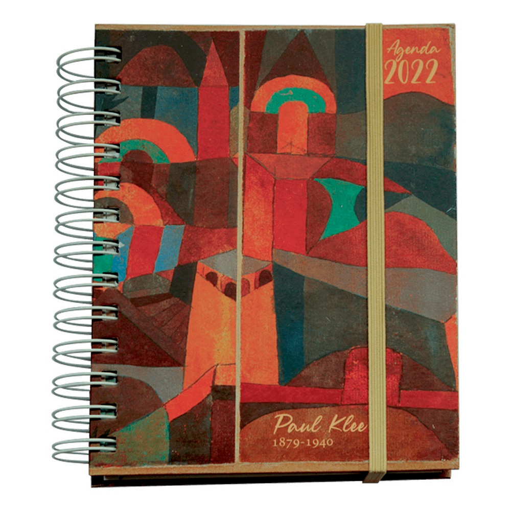 agenda 4 estações.jpg Uma agenda com uma pintura abstrata nas cores laranja, vermelha e verde