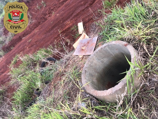 Imagem mostra área com mato e grande bueiro, em formato de cano, com abertura para o subterrâneo