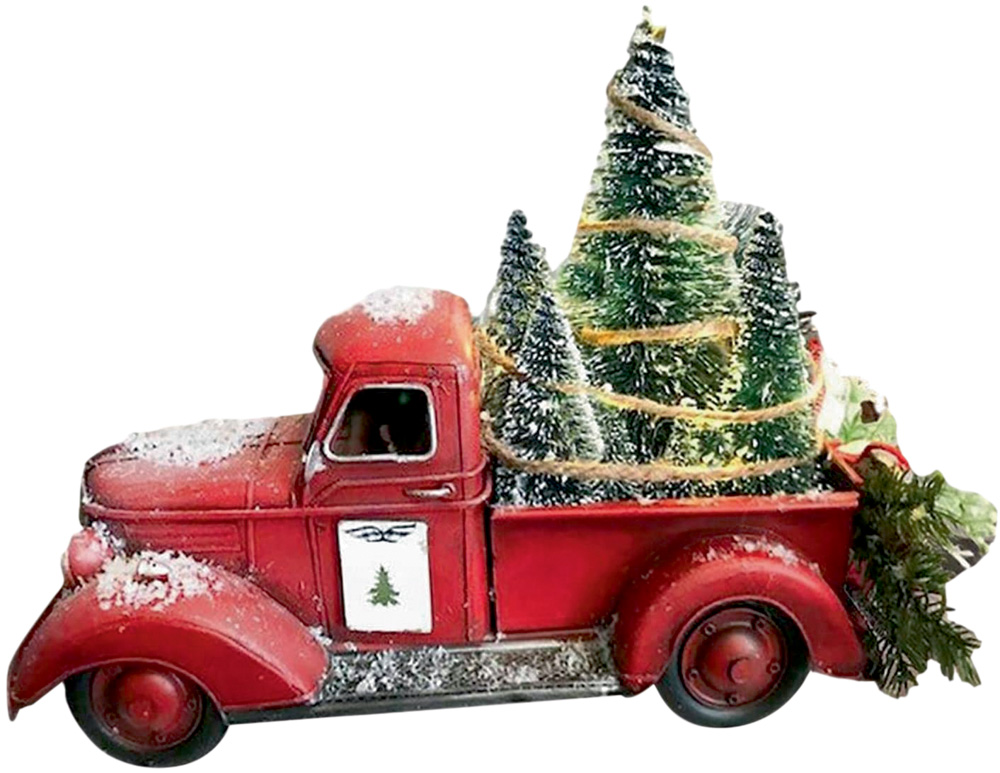 carrinho.jpg Um caminhão de decoração com árvores de Natal