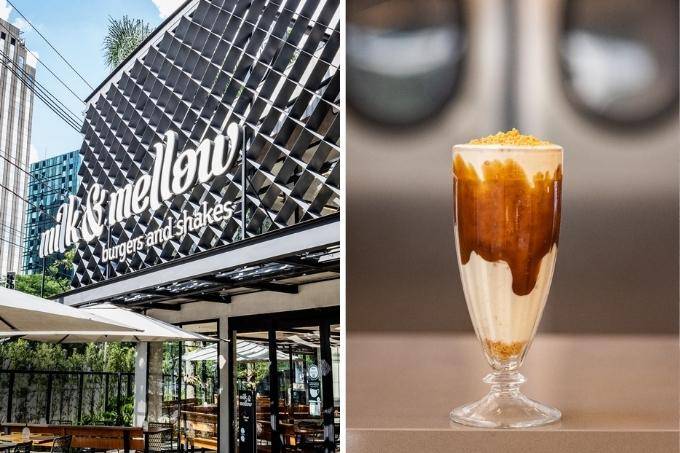 Montagem: &agrave; direita, a foto de um milk-shake e &agrave; esquerda, a fachada da hamburgueria