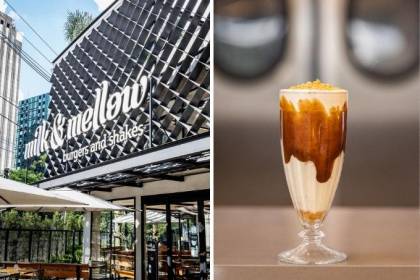 Montagem: &agrave; direita, a foto de um milk-shake e &agrave; esquerda, a fachada da hamburgueria
