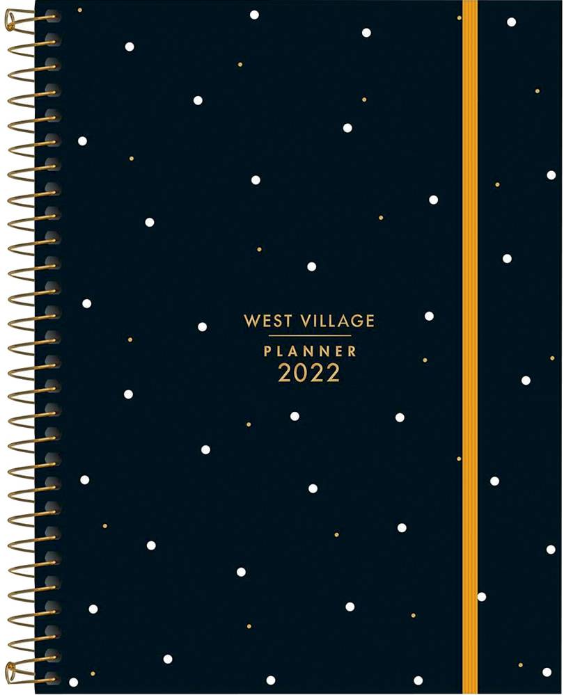 planner 1.jpg Uma agenda azul escura com detalhe em amarelo e pontinhos brancos