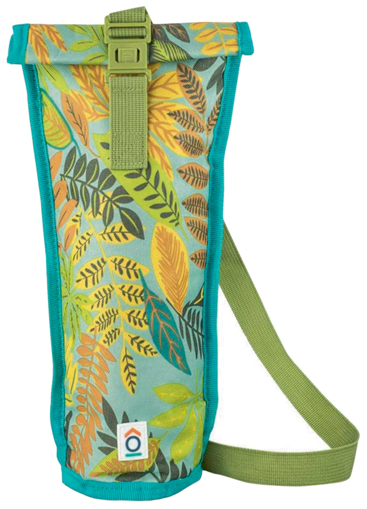 Garrafa t&eacute;rmica para garrafas com estampa tropical e al&ccedil;a.