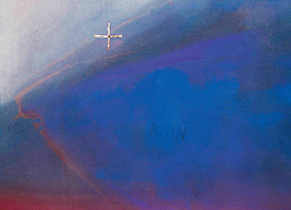 Imagem mostra pintura azulada com escrito "rain", ao centro.