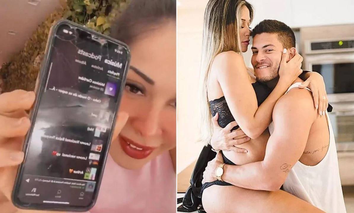 Imagem dupla: à esquerda, Maíra Cardi mostra playlist no celular. À direita, Maíra está sentada no colo de Arthur