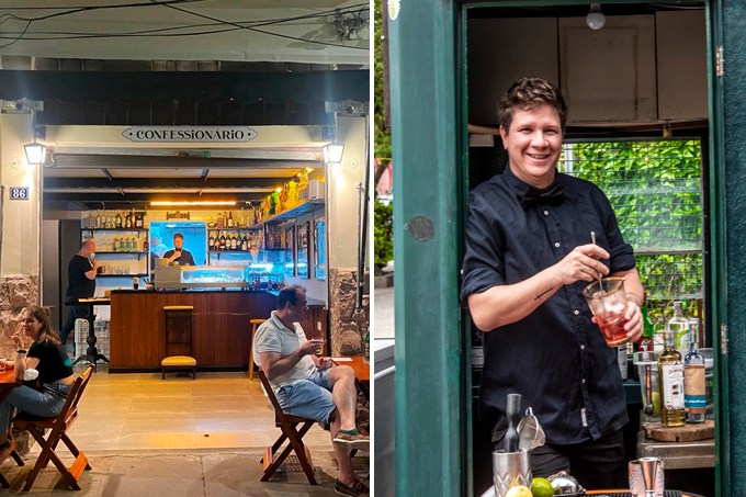 Duas imagens divididas por linha fina branca. À esquerda a fachada do bar Confessionário com mesinhas na calçada. À direita, o bartender Jean Ponce segurando um drinque.