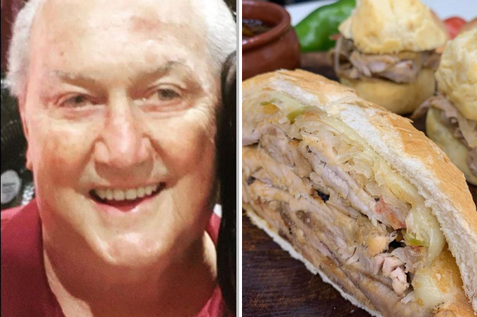 Duas fotos verticais unidas por linha fina branca. À esquerda, Sr. Waldemar Zonta e à direita sanduíche de pernil.