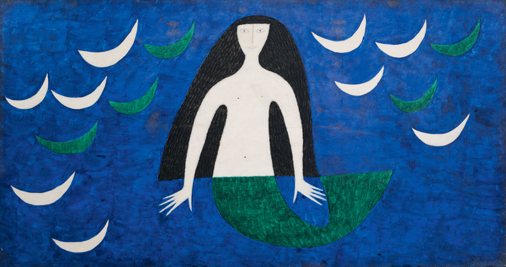 Imagem mostra pintura de sereia em fundo azul.