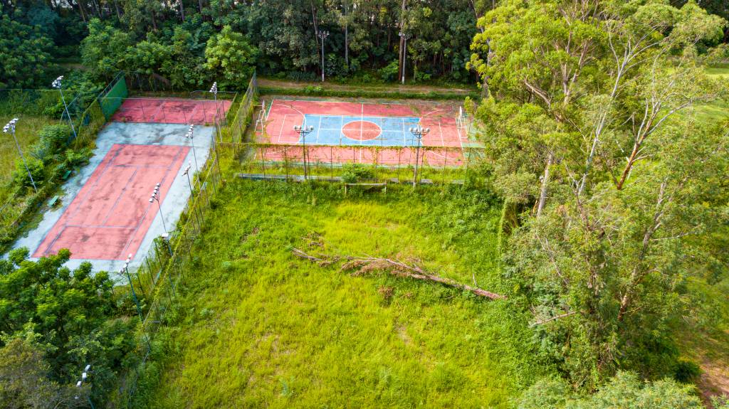 parque leopoldina Imagem mostra vista aérea de campo de futebol tomado por mato, com árvore caída no meio do gramado, e uma quadra poliesportiva com marcações quase sumindo do chão