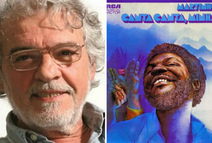 Duas imagens. À esquerda, um homem grisalho de óculos. À direita, a capa de um disco, com desenho colorido que mostra um homem sorrindo envolto por uma paisagem azulada.