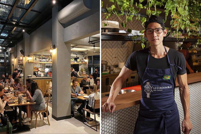 Duas imagens unidas por linha fina branca. À esquerda o salão do restaurante Alto Cucina. À direita, o chef Fabio Moon de avental em frente a balcão.