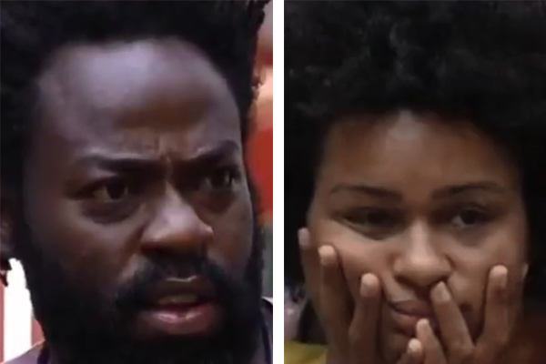 Montagem mostra, à esquerda, Douglas com expressão facial intrigada e à direita, Natália com as mãos no rosto, em sinal de tédio