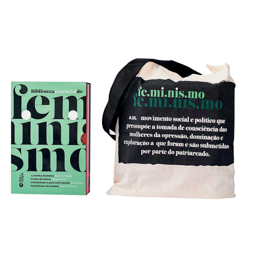 bolsa.jpg Boxe com livros e uma ecobag personalizada com o verbete de dicionário do termo feminismo