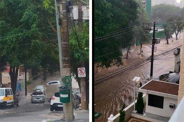 Ruas ficam submersas após temporal com granizo neste sábado (5)