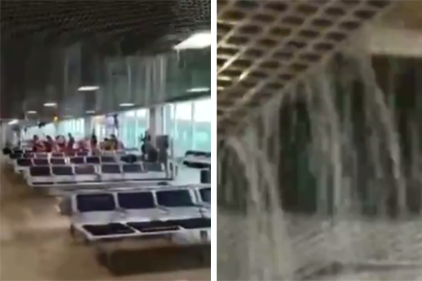Imagem mostra área de passageiros, com água saindo do revestimento do teto. Cadeiras de espera ficam molhadas
