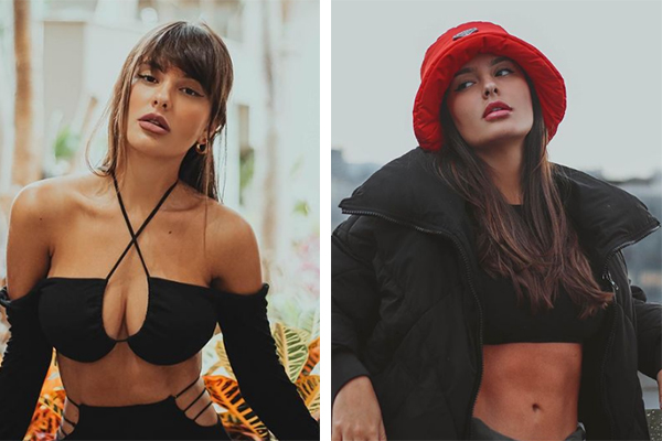 Imagem mostra duas fotos de Thais, posando arrumada para as câmeras