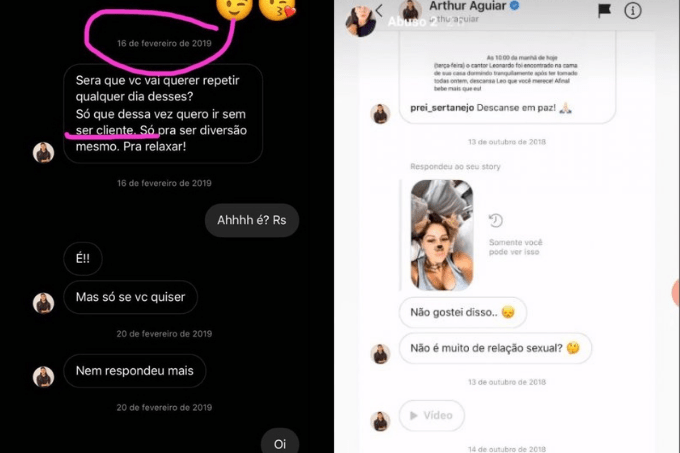 prints traições arthur aguiar Duas imagens. À esquerda, mensagens sobre fundo escuro. Á direita, mensagens sobre fundo branco