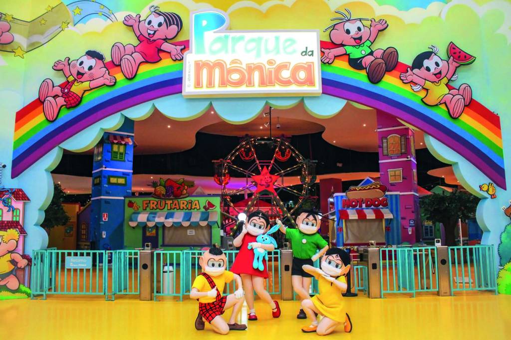 Divulgação Parque da Mônica (1).jpg Parque da Mônica, com os personagens da turminha em frente. Eles usam máscaras brancas