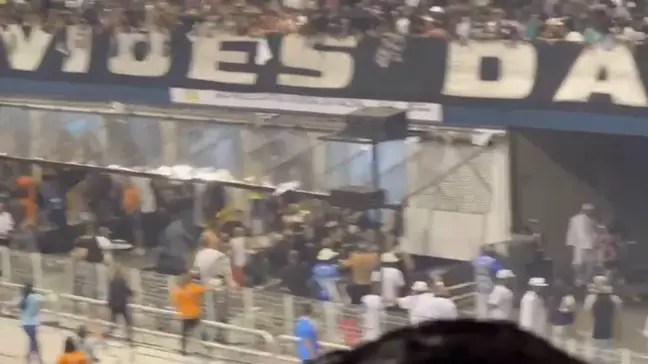 Imagem tremida da briga entre pessoas da torcida organizada e do camaroto no Sambódromo do Anhembi