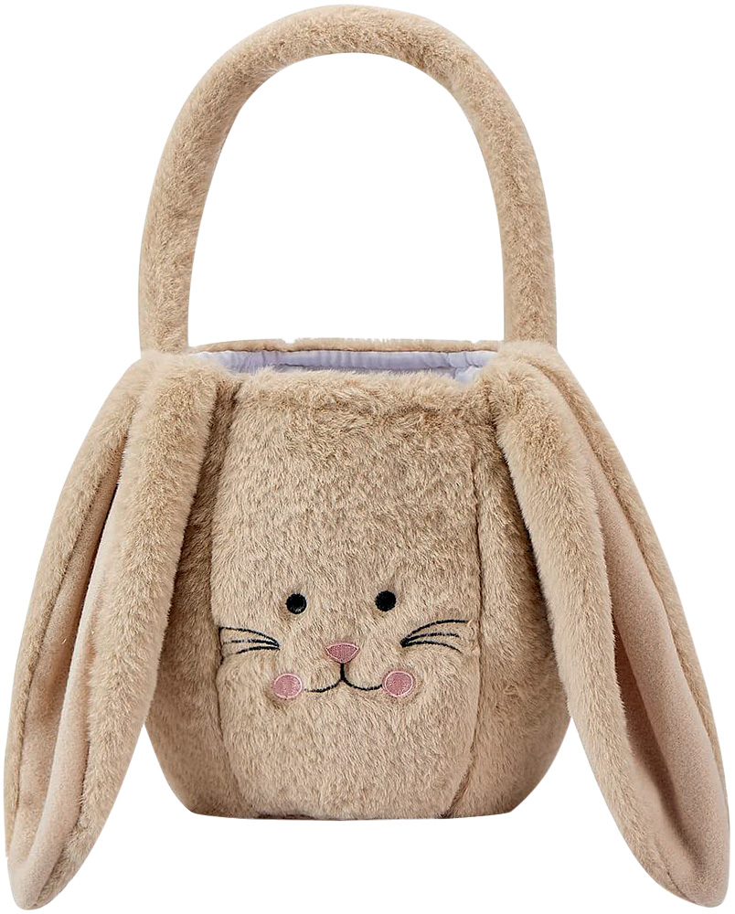 Cesta de pel&uacute;cia em formato de coelho com grandes orelhas