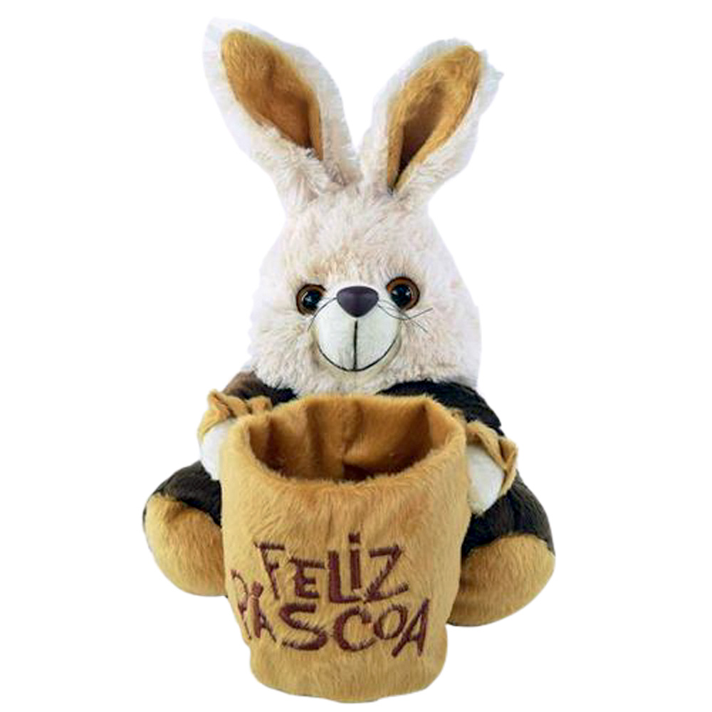 Porta-objetos de pel&uacute;cia de coelho. Ele segura uma cesta cil&iacute;ndrica marrom de pel&uacute;cia onde se l&ecirc; 