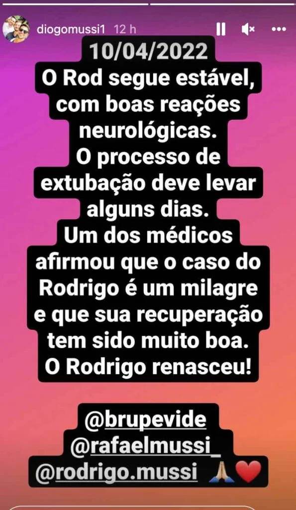 Postagem sobre estado de saúde de Rodrigo Mussi