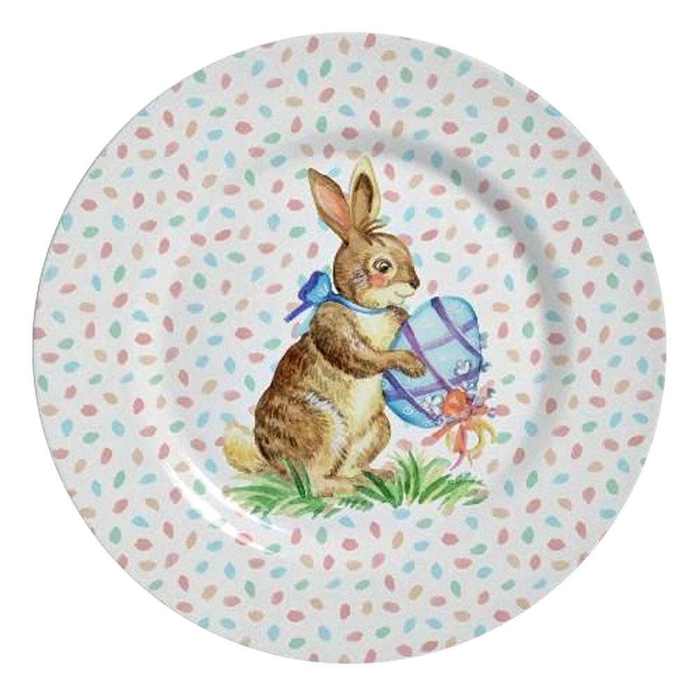 Prato redondo com ilustra&ccedil;&atilde;o de coelho em fundo branco de po&aacute; colorido