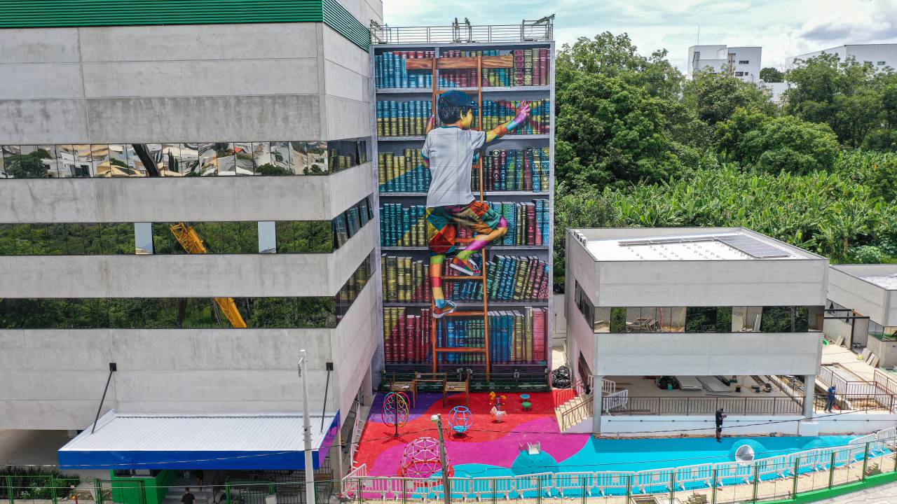 Imagem mostra mural de grafite colorido com desenho de menino subindo em escada de biblioteca, alcançando um livro