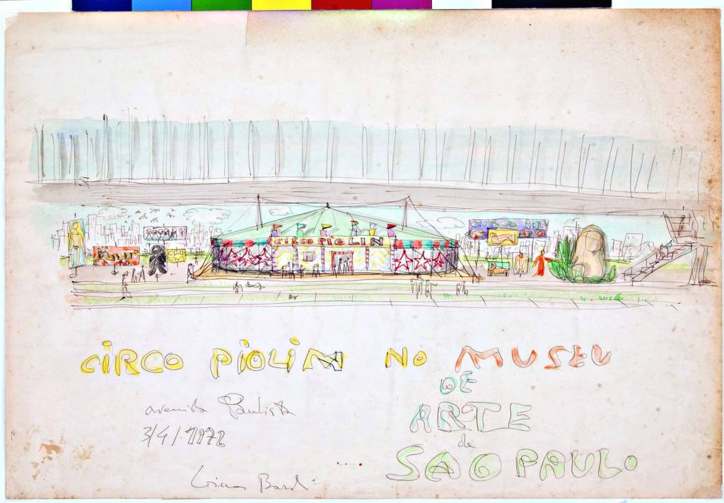 Perspectiva da montagem do Circo do Piolin no vão livre do MASP_Lina Bo Bardi, 1972 Acervo Instituto Bardi (1).jpg Imagem mostra desenho colorido de circo.