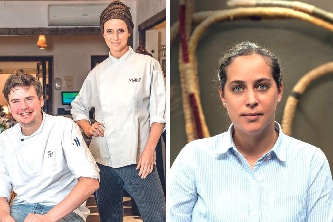Montagem com duas diferentes fotos: à esquerda, Helena Rizzo e Willem Vandeven posam no restaurante Maní; à direita, Pía León posa em frente à parede de tons terrosos