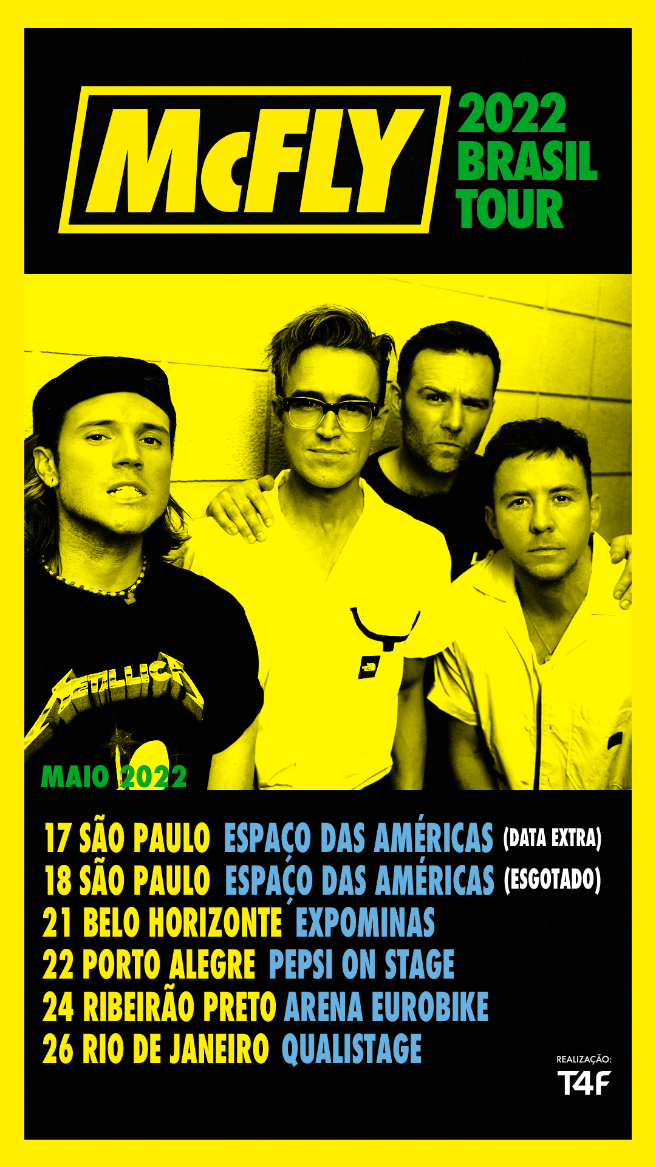 mcfly agenda Imagem mostra cartaz amarelado com foto de quarteto de homens com datas de shows embaixo