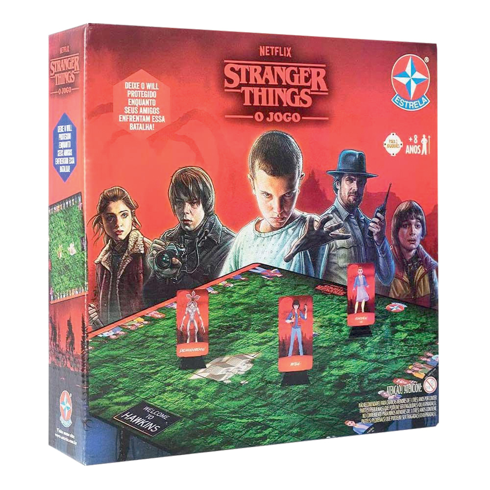 Jogo de tabuleiro.jpg Jogo de tabuleiro em caixa vermelha com personagens de Stranger Things