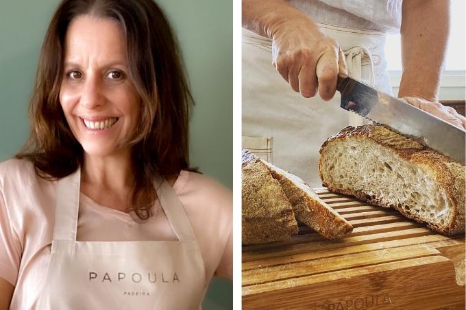 Montagem de duas fotos: à esquerda, retrato da padeira; à direita, uma mão corta um pão com uma faca