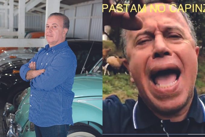 Montagem com a foto de Camilinho de braços cruzados na frente de sua coleção de fuscas e sua foto no dia em que levou cabras para uma praça
