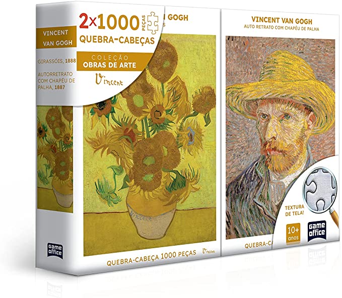 Quebra-cabe&ccedil;a para montar dois quadros de Van Gogh, um de girass&oacute;is e um autorretrato