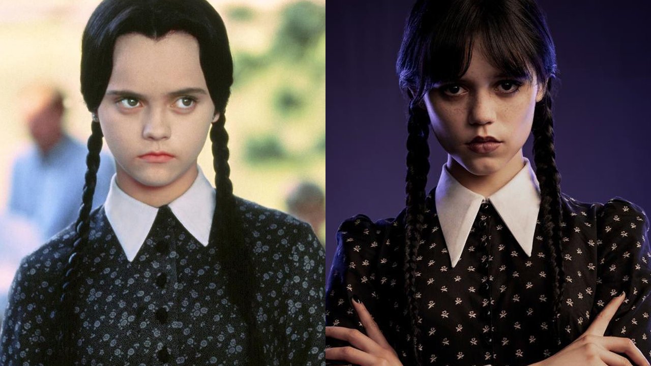 Christina Ricci e Jenna Ortega em suas versões como Wandinha