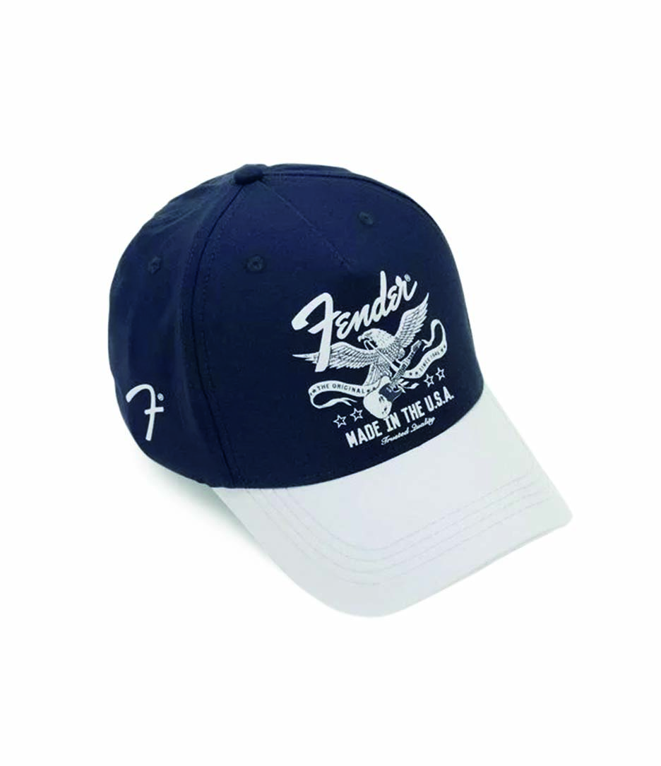 Bon&eacute; azul marinho de aba curva da Fender, marca de guitarras e baixos