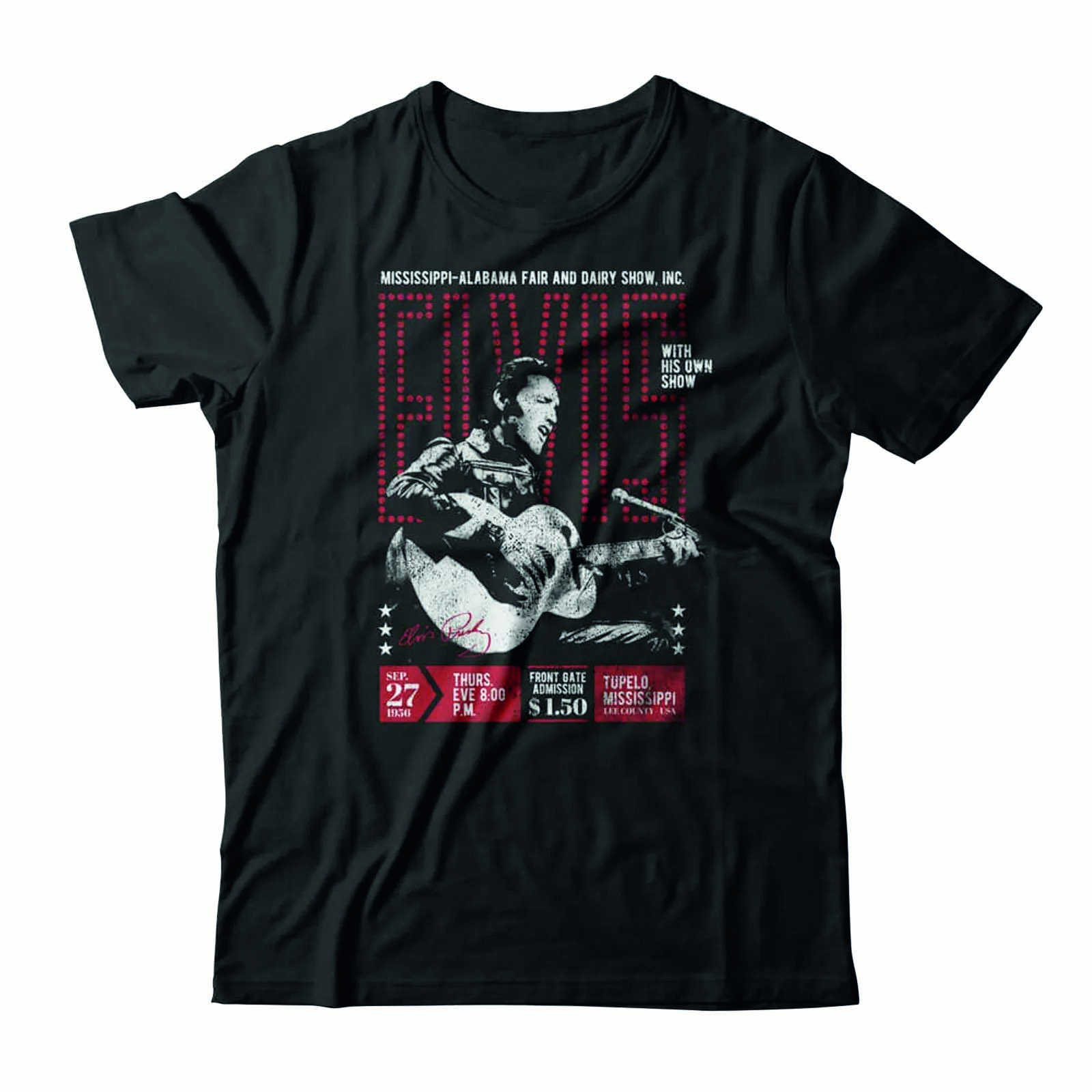 Camiseta Elvis Presley preta. Tem uma estampa do cantor tocando um viol&atilde;o e letras em vermelho