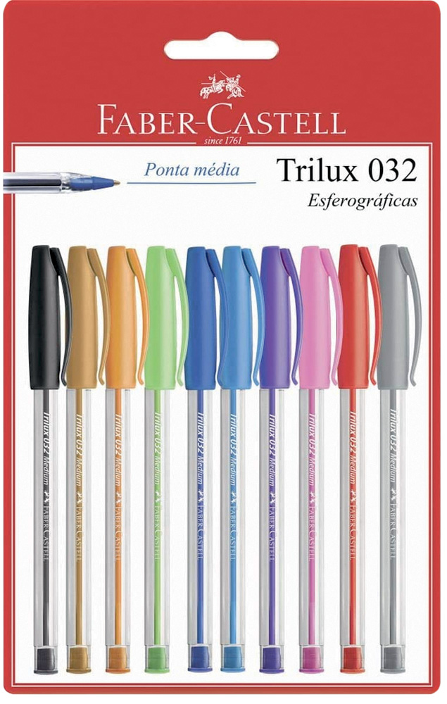 Conjunto de canetas coloridas.jpg Kit de canetas coloridas em embalagem vermelha da Faber-Castell